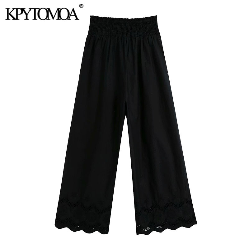 Women Chic Fashion Cutwork Embroidery Hem Pants High Elastic Waist Side Pockets Female Ankle Trousers 210420