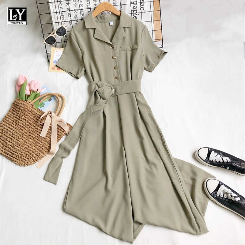 LY VAREY LIN Summer Women Fashion High Waist Solid Color Black Jumpsuit Casual Tailored Collar Single Breasted Wide Leg 210526