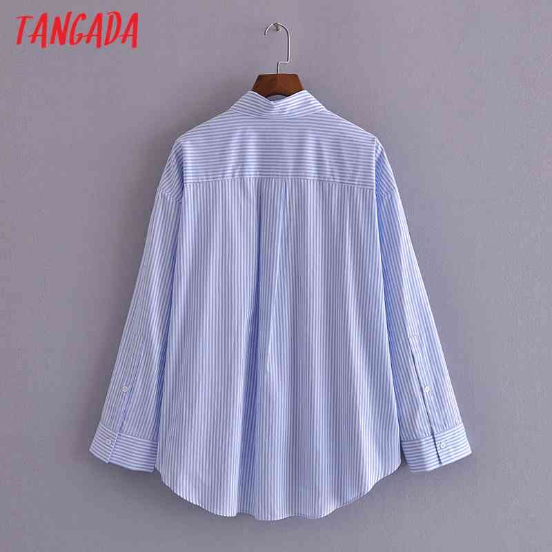 Women Blue Striped Boyfriend Style Shirt Turn Down Collar Long Sleeve Chic Female Casual Tops Blusas 3H196 210416
