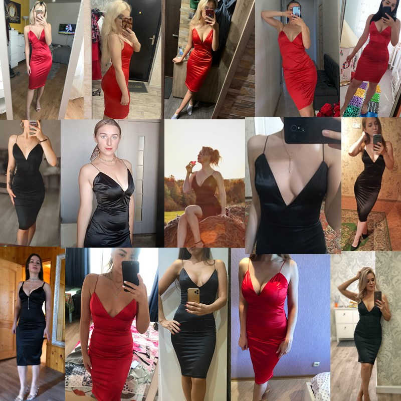 CNYISHE Elegant Satin Dresses for Women Solid Red Black Midi Fashion Winter V-neck Ladies Christmas Party Night 210623