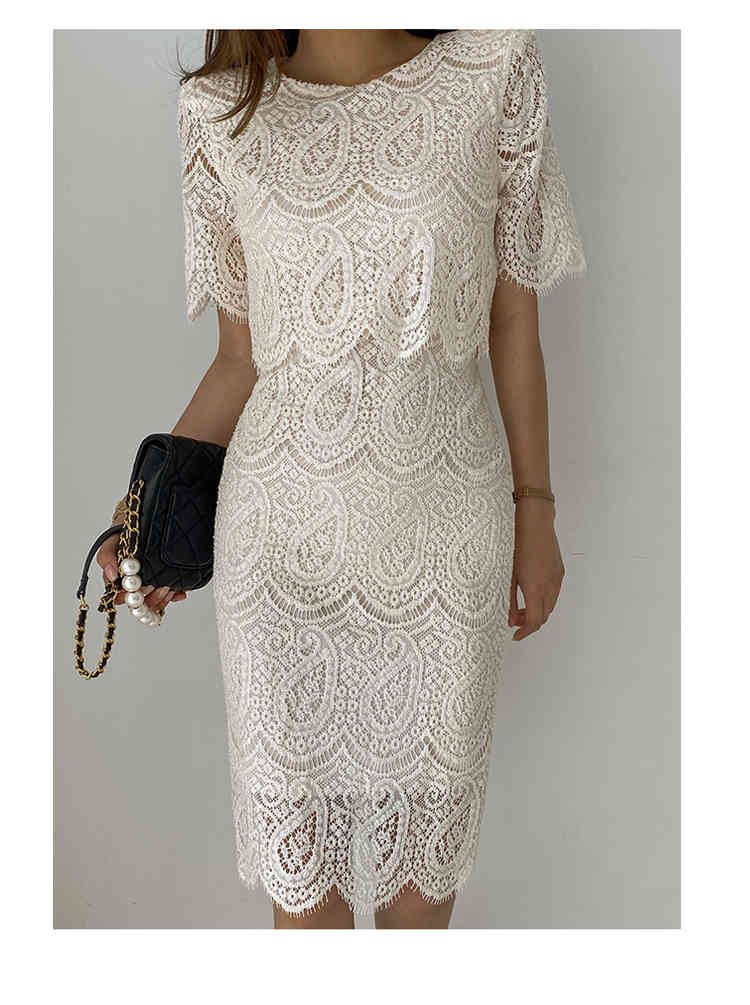 Korean Elegant White Lace Pencil Bodycon Dress Women Summer Office OL Sexy Short Sleeve Slim Vestidos 210519