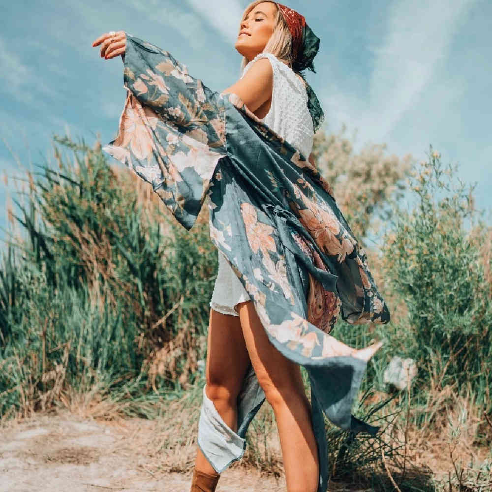 Kaftan Bohemian Printed Summer Dress Long Kimono Tunic Women Plus Size Beach Wear Swim Suit Cover Up Robe de plage A140 210420