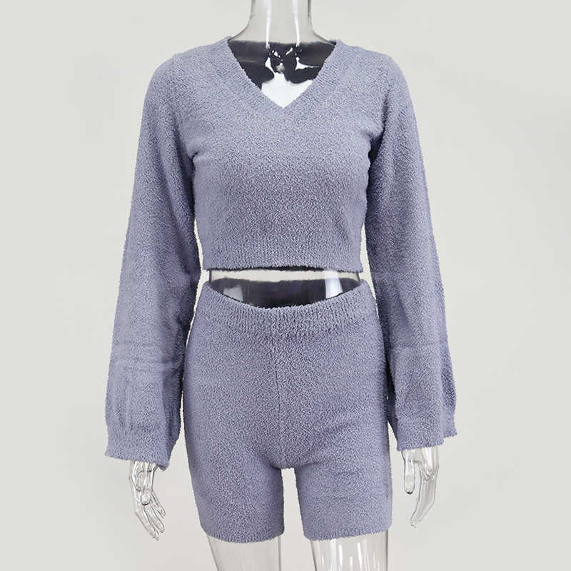 Colysmo Autumn Two Piece Set Women Lonng Flare Sleeve Pullover Shorts 2 Outfits Womens Loungewear Blue 210527