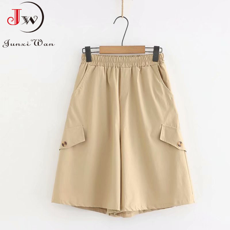 Women Summer Solid Cotton Wide Leg Pants Elastic Waist Loose Korean Casual Knee Length Shorts Skirts Girls Midi Trousers Pocket 210510