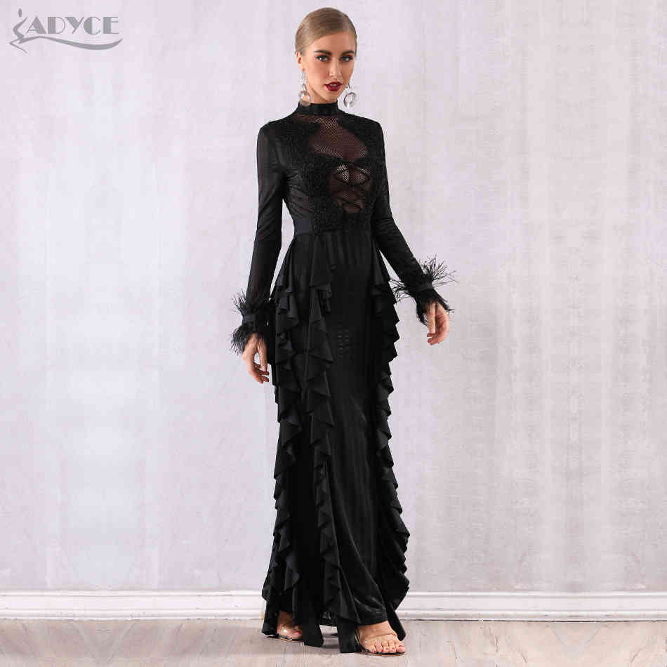 Maxi Women Ruffles Bodycon Celebrity Party Dress Vestidos Verano Sexy Long Sleeve Lace Pearls Feather Club 210423