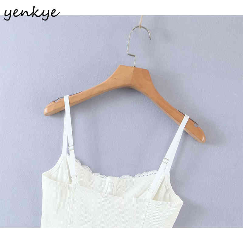 YENKYE Romantic Lace Trim Knit Sling Sexy Dress Women Sleeveless Bodycon Mini Dress Female Summer White Night Out Party Vestido 210515