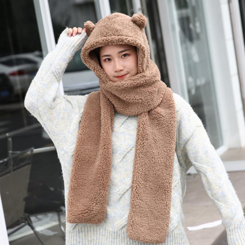 Scarves Women Winter One-Piece Hat Scarf Cute Bear Ears Hooded Earflap Cap Thicken Plush Thermal Solid Color Neck Warmer Gift
Scarves Women Winter One-Piece Hat Scarf Cute Bear Ears Hooded Earflap Cap Thicken Plush Thermal Solid Color Neck Warmer Gift