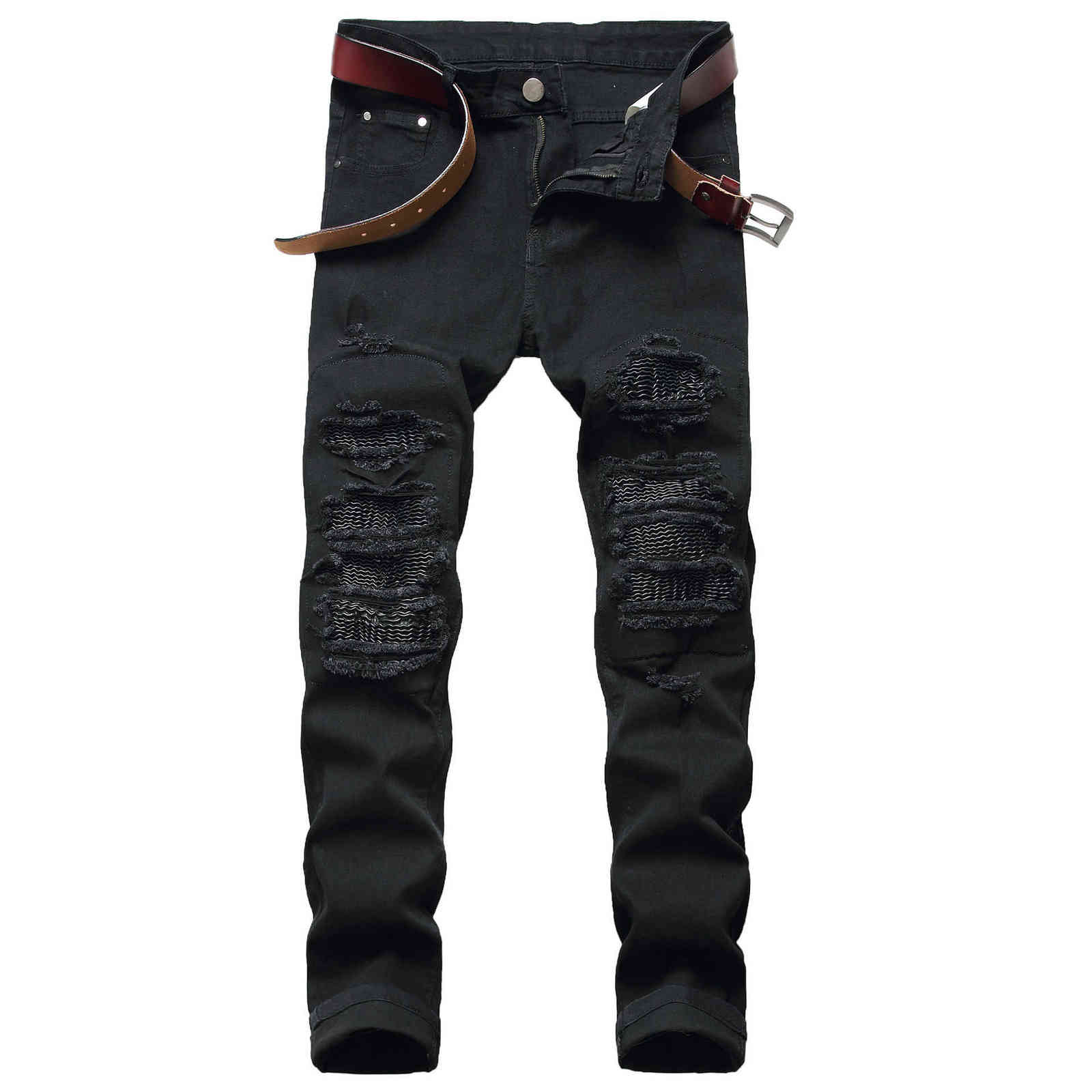 AUTUMN Spring Men's Ripped Street HIP HOP Punk Stretch Bike Jeans Trendy Holes Straight Denim Trouers 211120