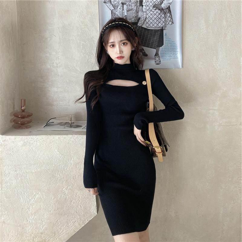 New design womens autumn long sleeve o-neck hollow out knitted sexy bodycon tunic sweater dress SMLXL