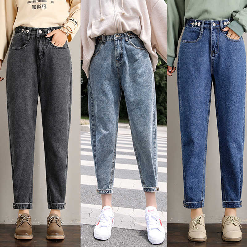 LIBERJOG Woman Jeans Velvet Thickening Harem Pants Loose Mid Waist Wide Leg Ankle Length Winter Thin 210922