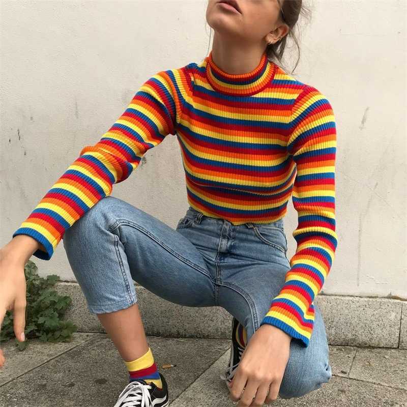 Women Rainbow Sweaters Pullover Winter Spring Slim basis Short Ladies Clothes Retro Stripes Femlae Knit Elasticity Tops 210702