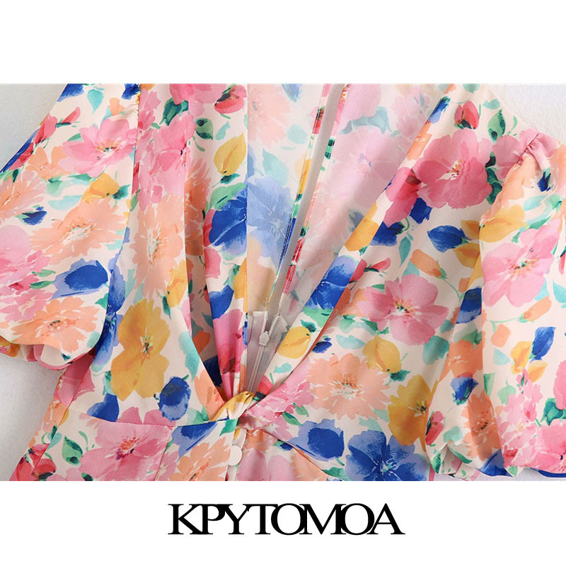 Women Fashion With Knot Floral Print Ruffled Mini Dress Short Sleeve Back Zipper Female Dresses Vestidos 210420