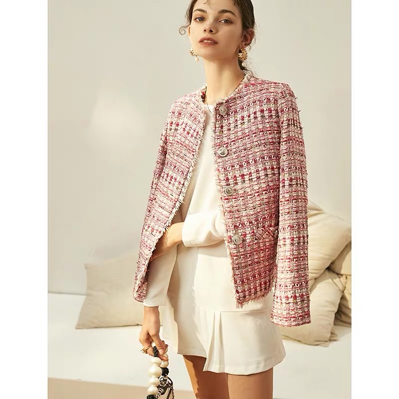 Autumn Winter Vintage Pink Plaid Jackets Coat Women Tweed Overcoat Tassel Long Sleeve Slim Jacket Tops Female Outwear 210421