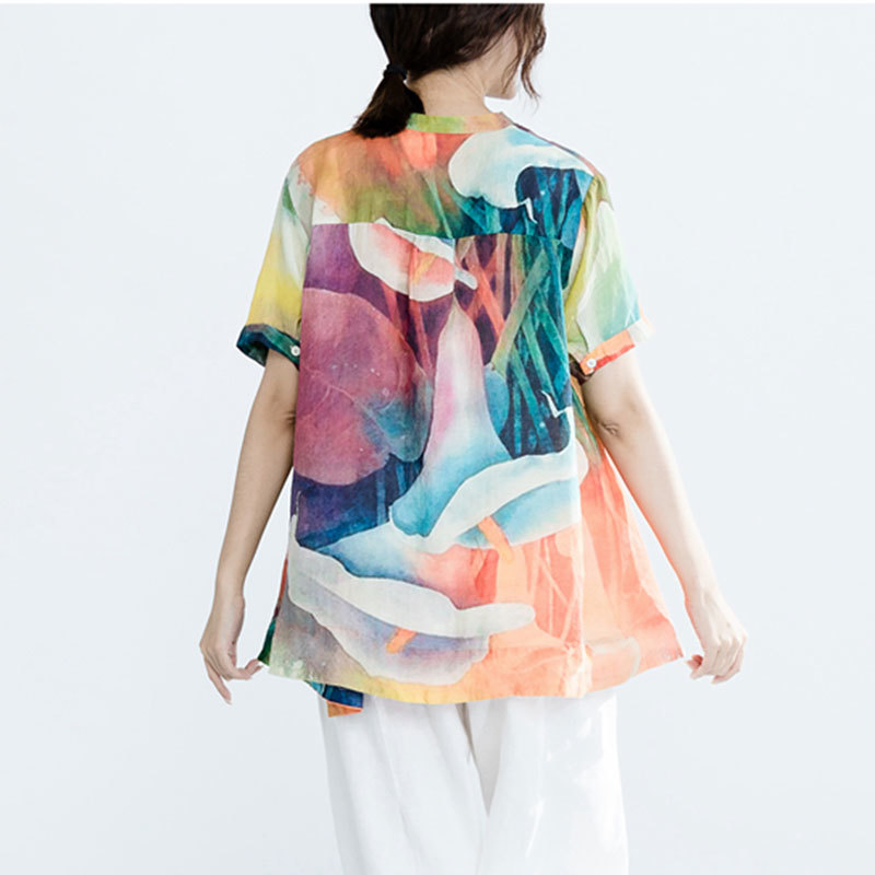 Women Blouse Shirts Plus Size Female Clothing Vintage Print Casual Basic Tops Summer Short Sleeve Blusas Feminina Z502 210512