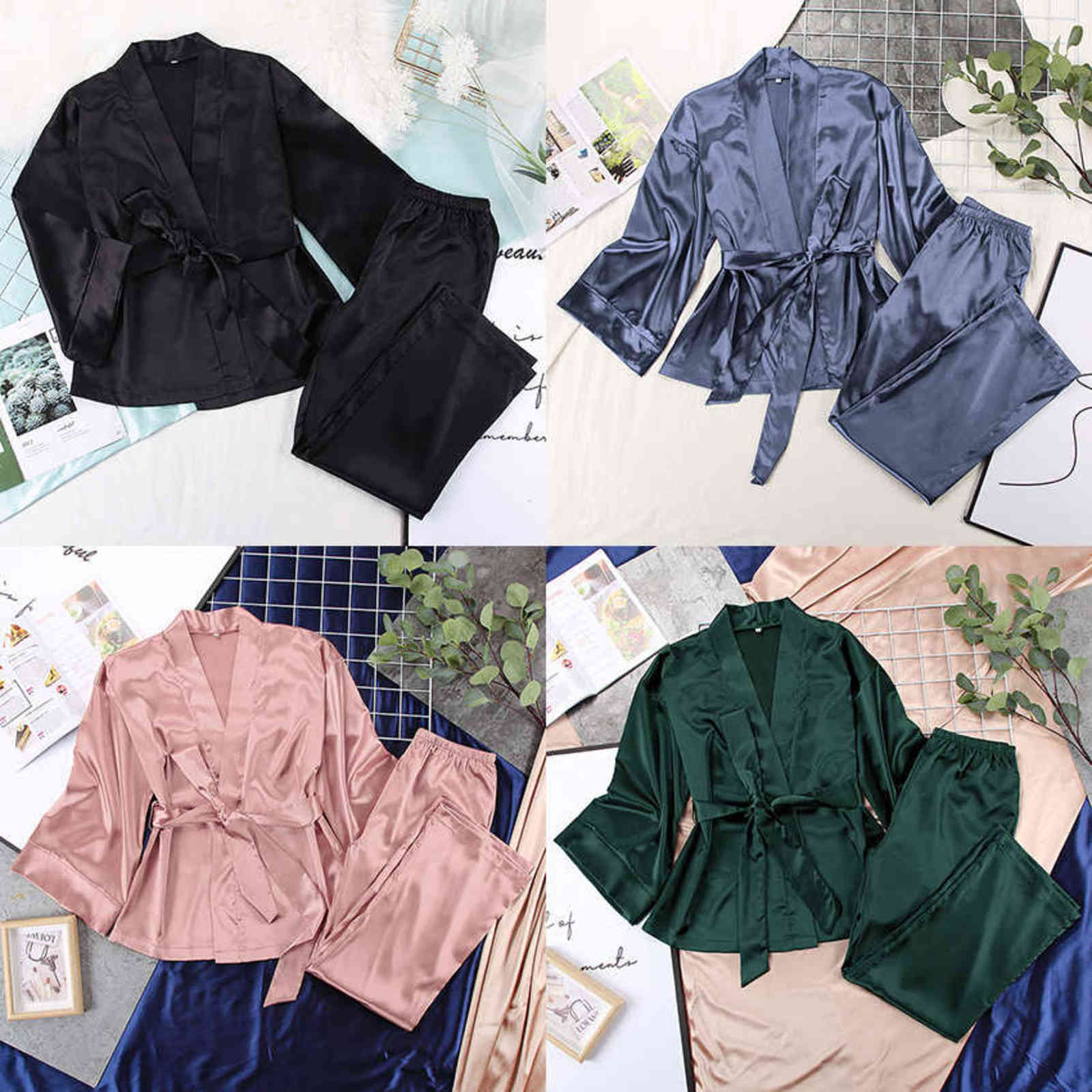 HECHAN Solid Women Robes With Sashes 2 Piece Set Wrist Sleep Tops Satin Pants Loose Pajamas Casual Sleepwear Female Home Suits 211118