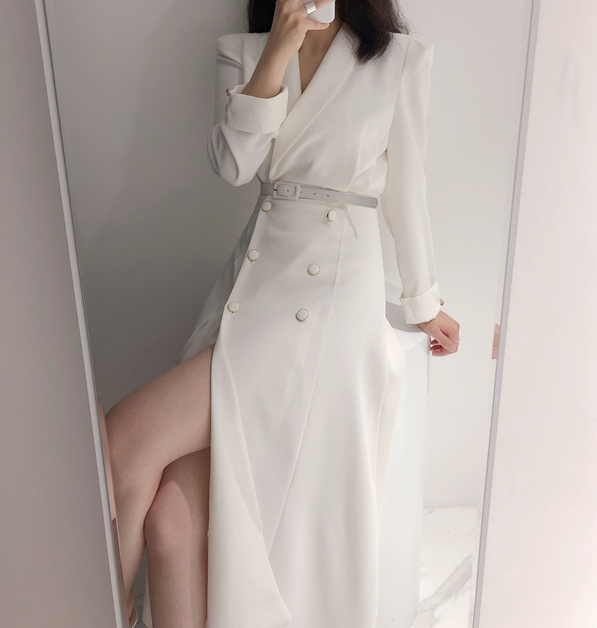 Autumn Elegant For Women Turn-Down Collar Office Vestidos Lady Double-Breasted Long Dresses 210520
