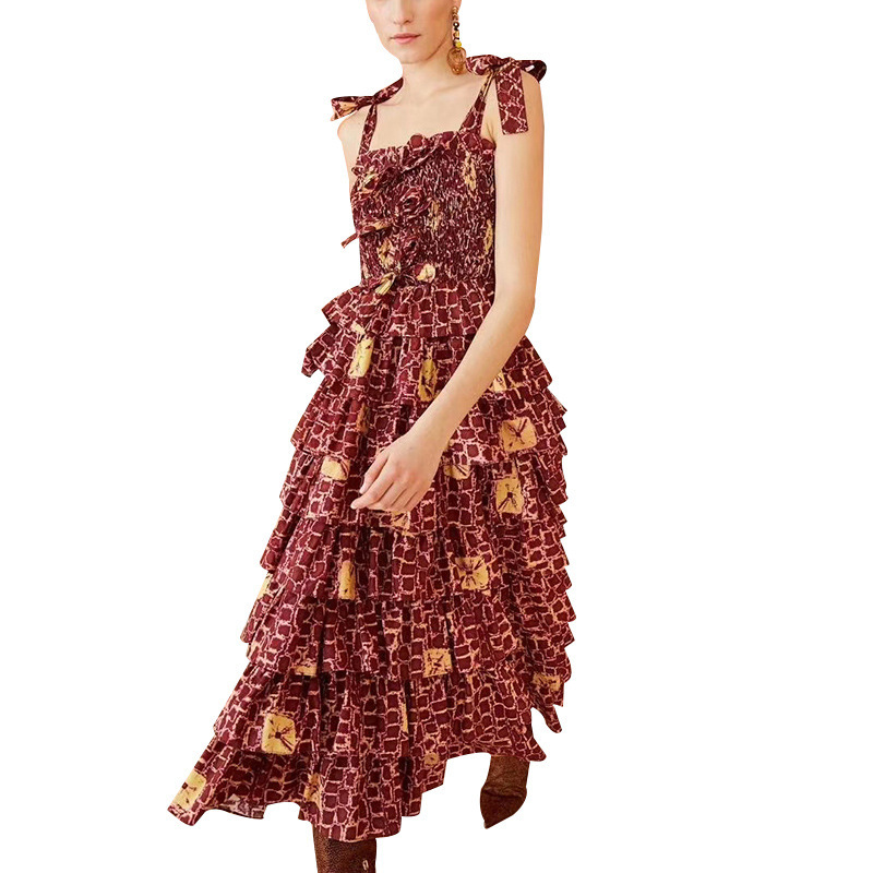 Women Dress Bandage Ruffles Bow Vintage Dresses White Yellow Black Printing Long Summer Clothes 210524