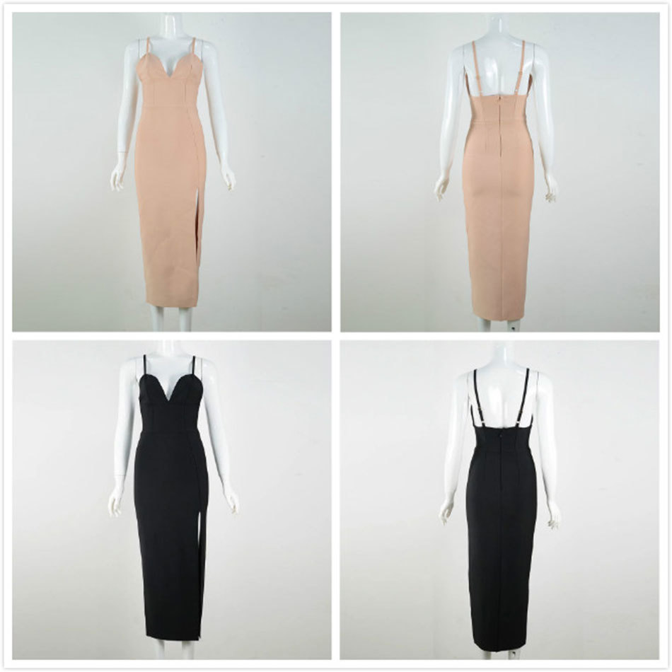 Free Women White Bodycon Bandage Dress Sexy V Neck Spaghetti Strap Club Celebrity Evening Runway Party Maxi Dresses 210524