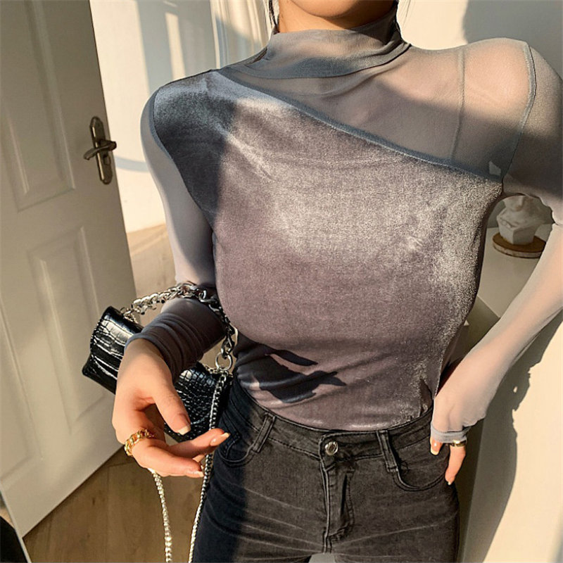 Autumn Velvet Large Size Women Arrival Patchwork Full Sleeves Mesh Sexy Female Basic Brief Tops T-shirt 210421