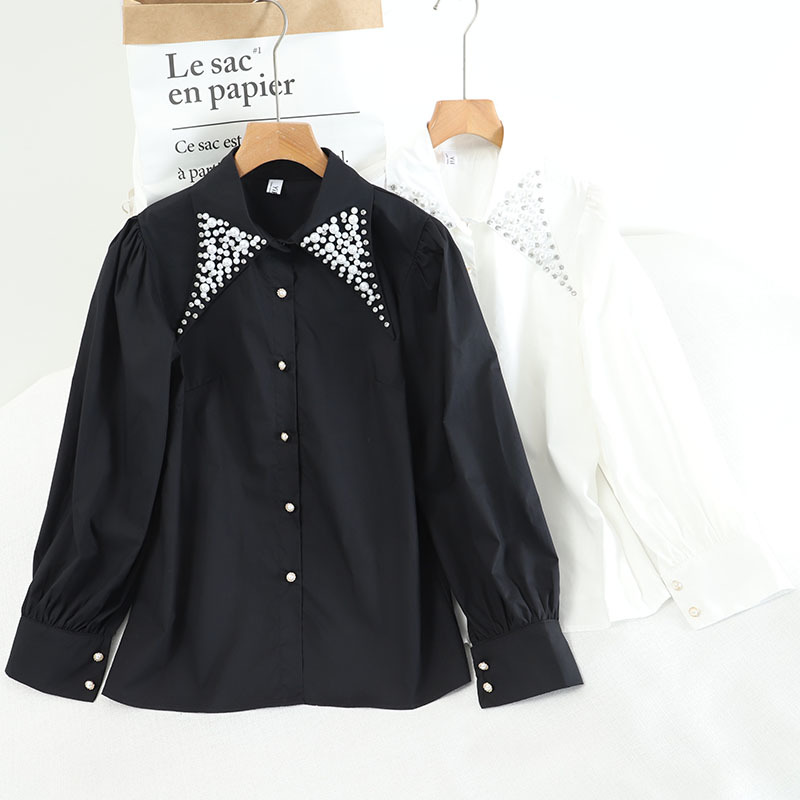Kimutomo Chic Korean Style Blouse Women Heavy Beading Turn-down Collar Long Sleeve Single Breasted Shirt Outwear Elegant 210521