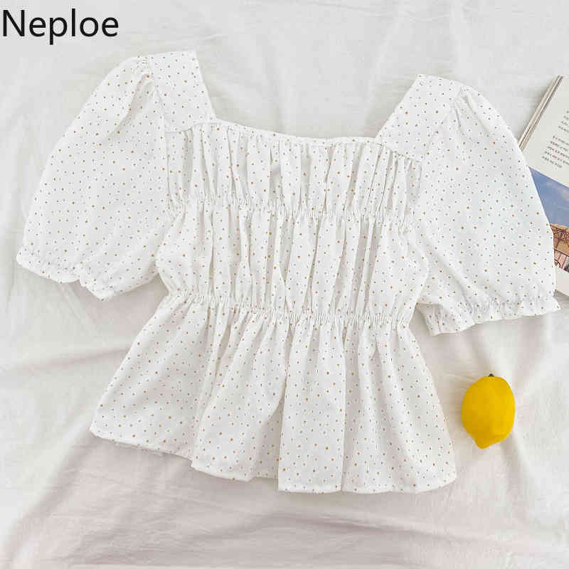 Neploe Women's Blouse Summer Square Collar Short Sleeve Blouses Tops Korean Fashion Clothing Sweet Floral Pleated Ruffled Shirt 210422