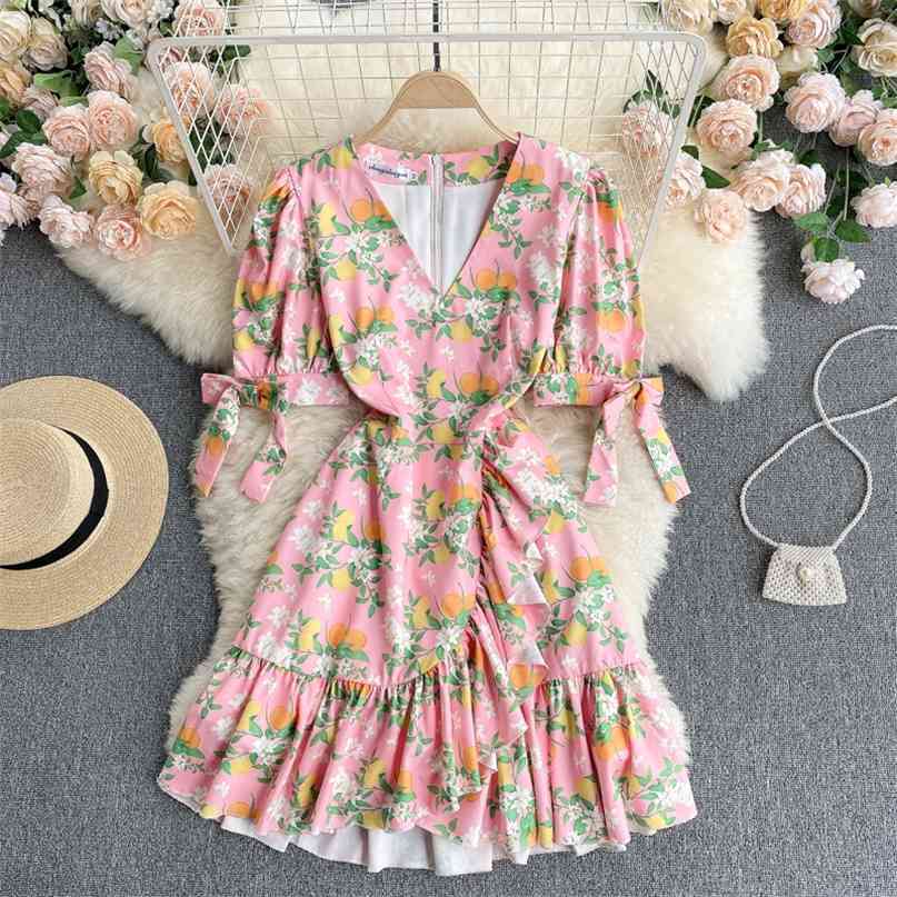 Dress Women Summer Fashion Bow-tied Short Sleeve Mini Elegant Floral Print Irregular Ruffles A-line Female Plus Size 210603, Pink
Dress Women Summer Fashion Bow-tied Short Sleeve Mini Elegant Floral Print Irregular Ruffles A-line Female Plus Size 210603, Pink