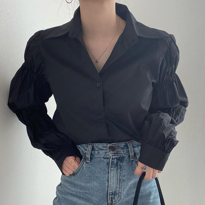 Spring Korean Fashion Women Shirts Solid Puff Sleeve Ins Retro Female Tops Loose All-match Turn-down Collar Blouses 210519