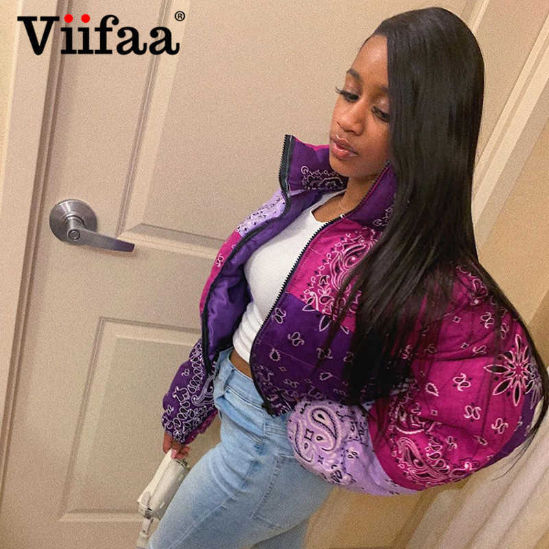 Viifaa Color Block Multicolor Print Fashion Cropped Puffer Jacket Winter Women Stand Collar Drop Shoulder Parkas Coat 211013