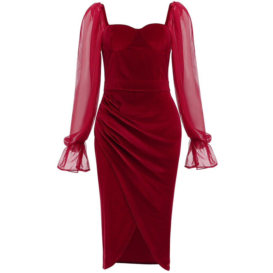 Free Spring Women's Burgundy Velvet Dress Sexy Lantern Sleeve Bodycon Draped Club Party Midi Vestidos 210524