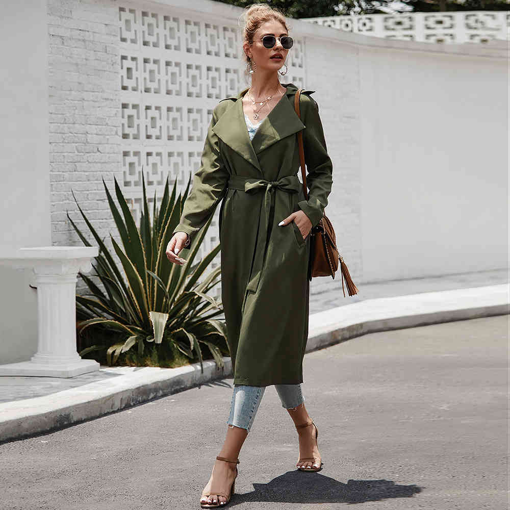 Women's trench Fashion Army green turn down collar long slim coat OL Ladies Long Chic Trench Coats 210524