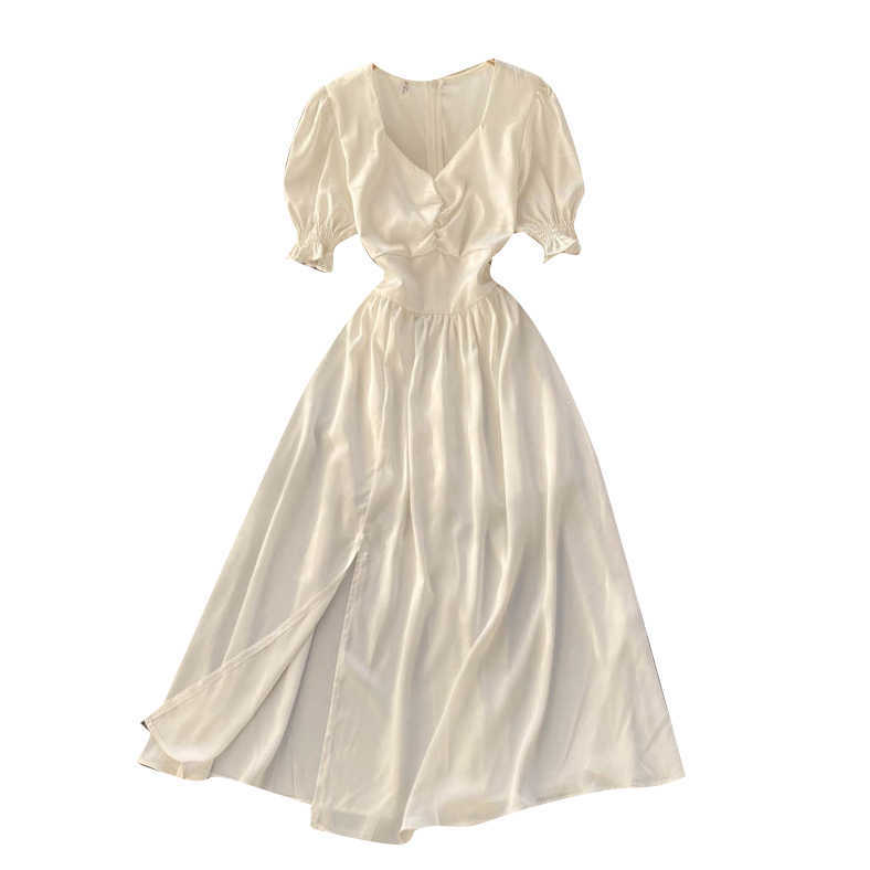 Korea Fashion Women Folding V-Collar Short Sleeve Heart Split Slim A-line Dress Solid Color White Black Vesitdos R862 210527