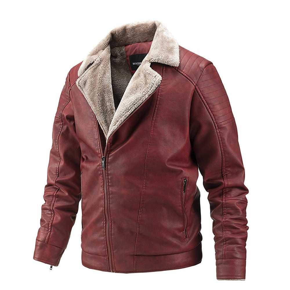 Men Leather Bomber Jacket Turndown Collar Fleece Lined Autumn Winter Jacket Men Motorcycle Jacket Men Biker Coat Slim Skinny 211018
