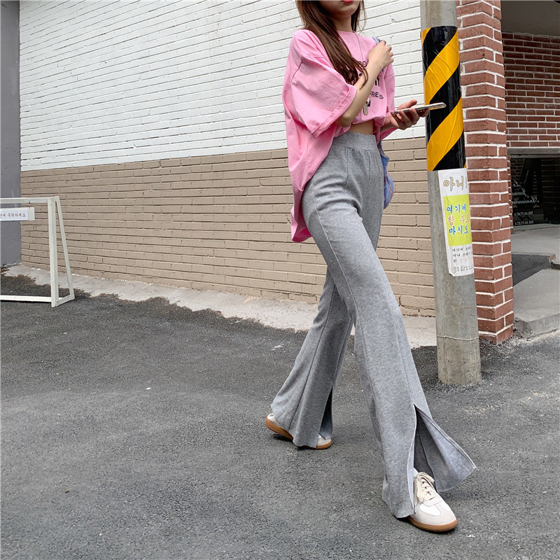 Loose Solid Elastic-Waist Party Thin Split Trousers High Waist Prom Summer Vintage Femme Retro Casual Pants 210421