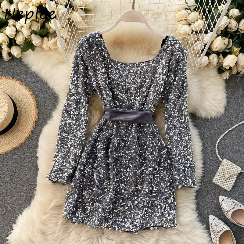 Neploe Square Collar Drawstring Slim Waist Elegant Vestidos Autumn New Vintage Sequined Dress Fashion Chic Dresses Women 210422