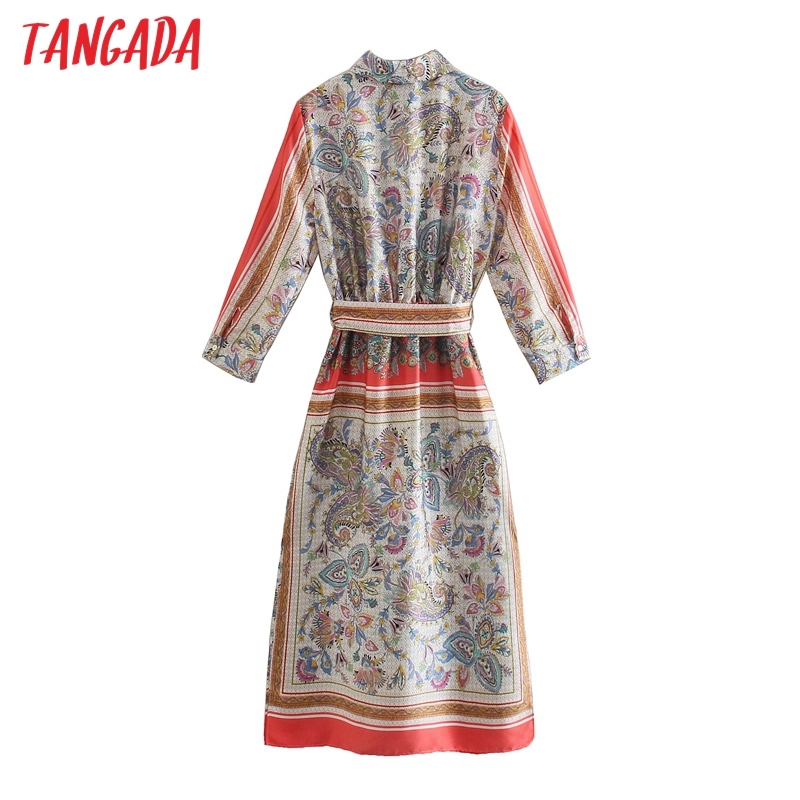 Spring Fashion Women Flowers Print Shirt Long Sleeve Office Ladies Midi Dress with Slash 5Z81 210416