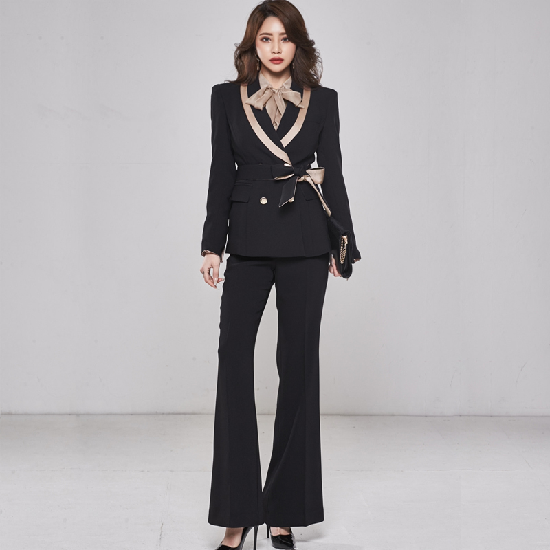 Spring Pants Suit Lace-up Breasted Jacket And Long Business 2 Pieces Korean Slim Work Wear Blazer Set 210506