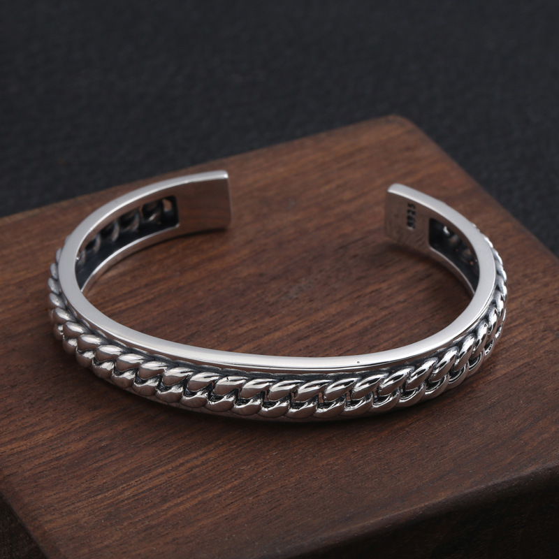 Genuine 925 Sterling Silver Jewelry Trend Fashion Men And Women Bracelet Thai Silver Simple Woven Open Bracelet 210507