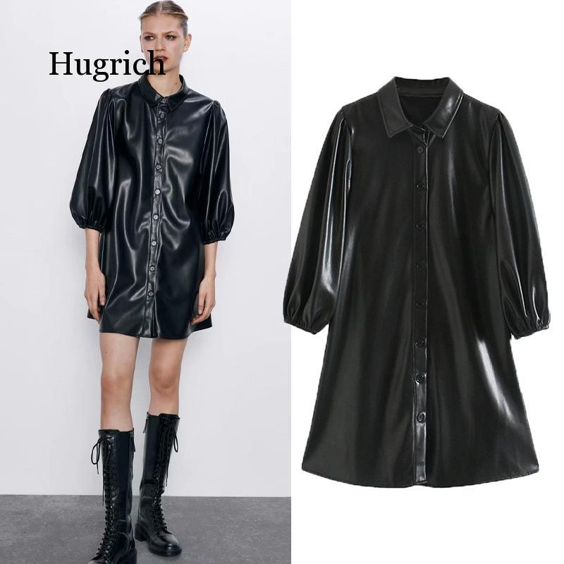 Casual Dresses Women Street Wear Pu Leather Dress Lantern Sleeve Black Turn Down Collar Loose Sundress 2021
Casual Dresses Women Street Wear Pu Leather Dress Lantern Sleeve Black Turn Down Collar Loose Sundress 2021