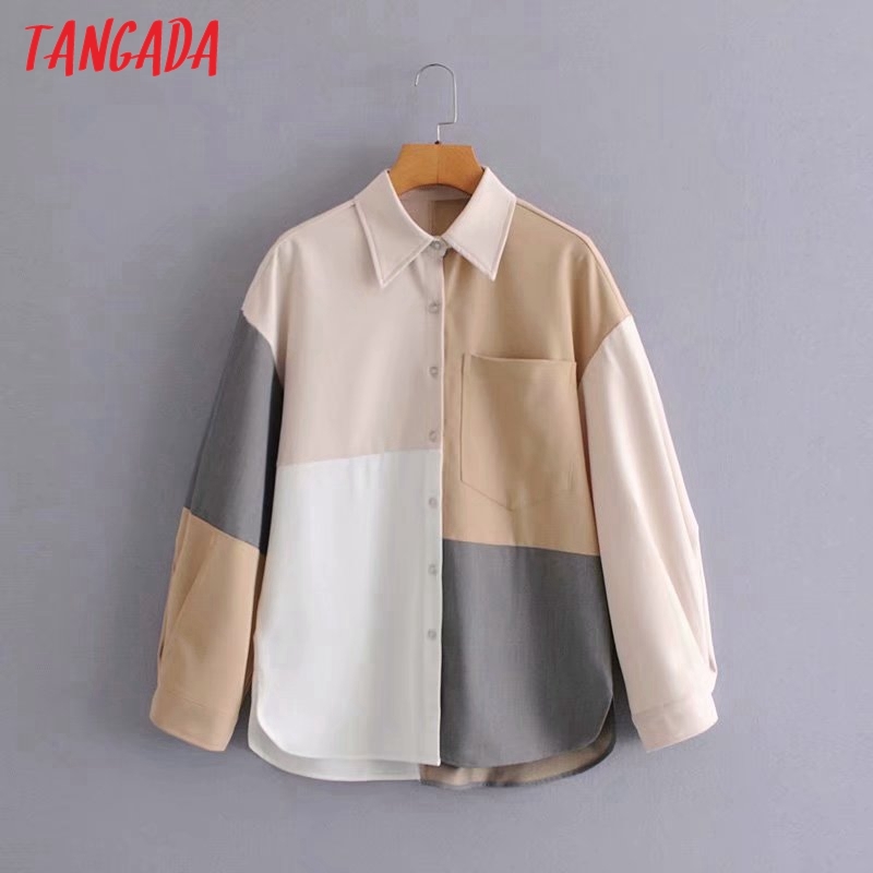 Women Color Block Spring Jacket Turn Down Collar Ladies Long Sleeve Loose Oversize Boy Friend Coat 2G14 210416