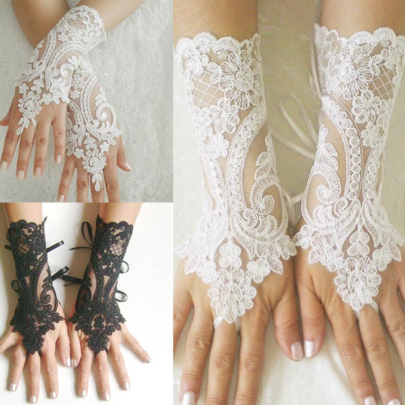 Five Fingers Gloves White Wedding Ivory Black Lace Bridal Girl Party Fingerless Glove Ladies Flower Guantes Accessories