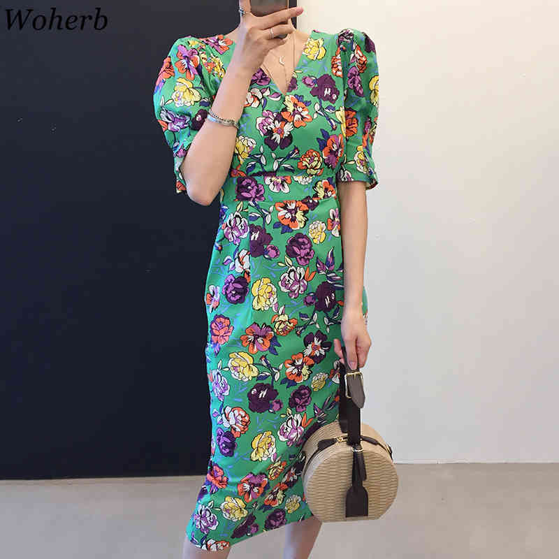 Summer Dresses Print Floral Bandage V Neck Sexy Bodycon Vestidos Short Puff Sleeve Sweet Beach Style Robes Femme 210519