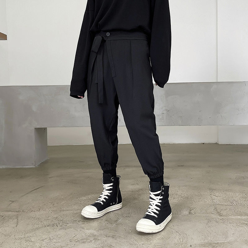 IEFB Men's Causal Black Trousers Irregular Side Bandage Blackcasual Pants For Male Spring Summer Turnup Pants 9Y6696 210524