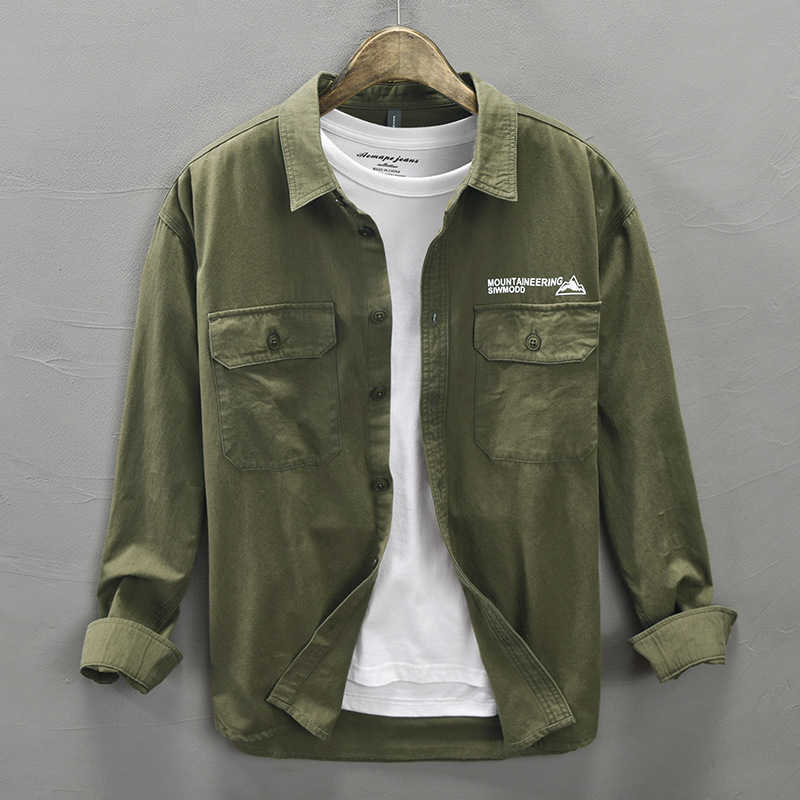 Letter Printed Long Sleeve Shirt for Men Pure Cotton Turn-down Collar Tops Male Casual Safari Style Loose Button Up Clothing 210601