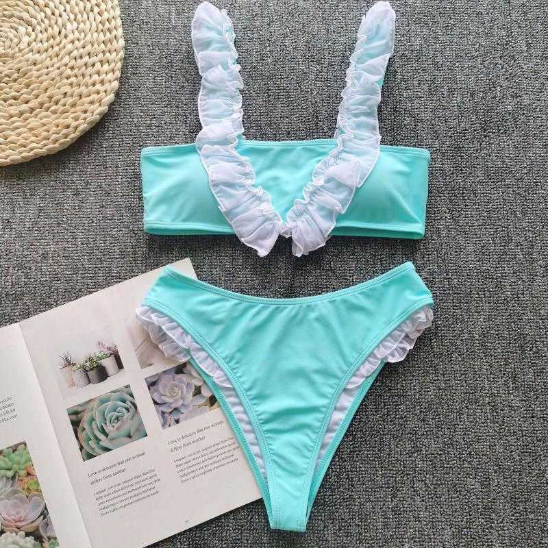 Colysmo Ruffles Two-Piece Swimsuits Women High Waist Bikinis Push Up Padded Beachwear Summer Bathing Suit Lavender 210527