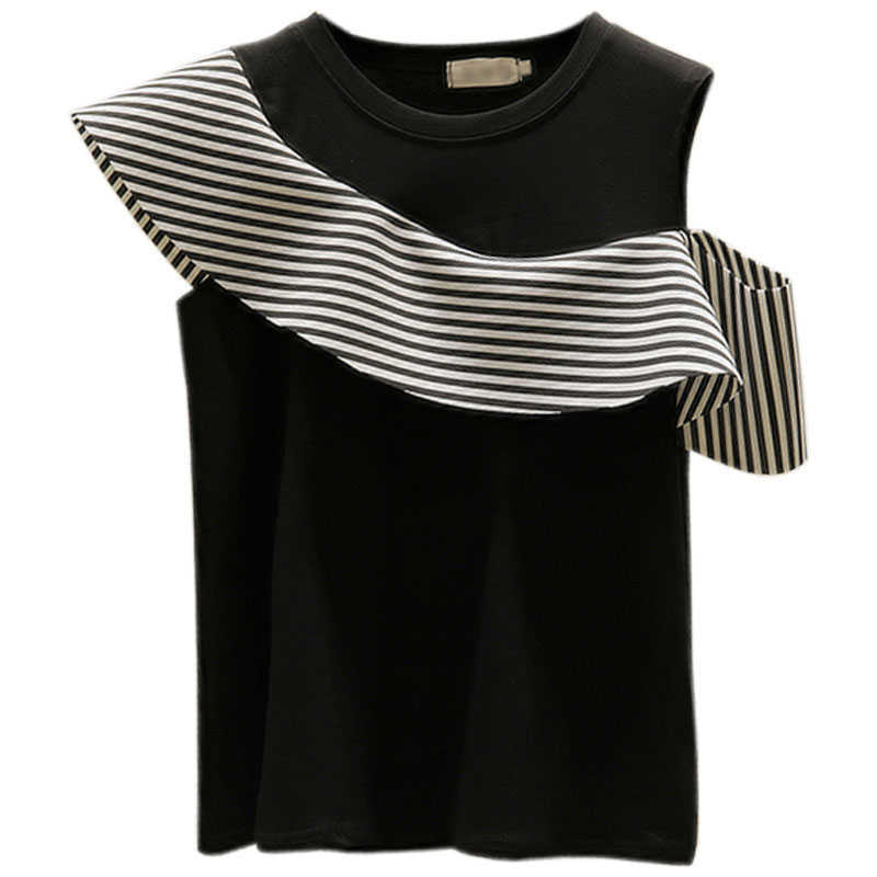 Off Shoulder Tops Women Korean-style Summer Wild Cotton Ladies Shirts Stripes Casual Fashion Female 210615