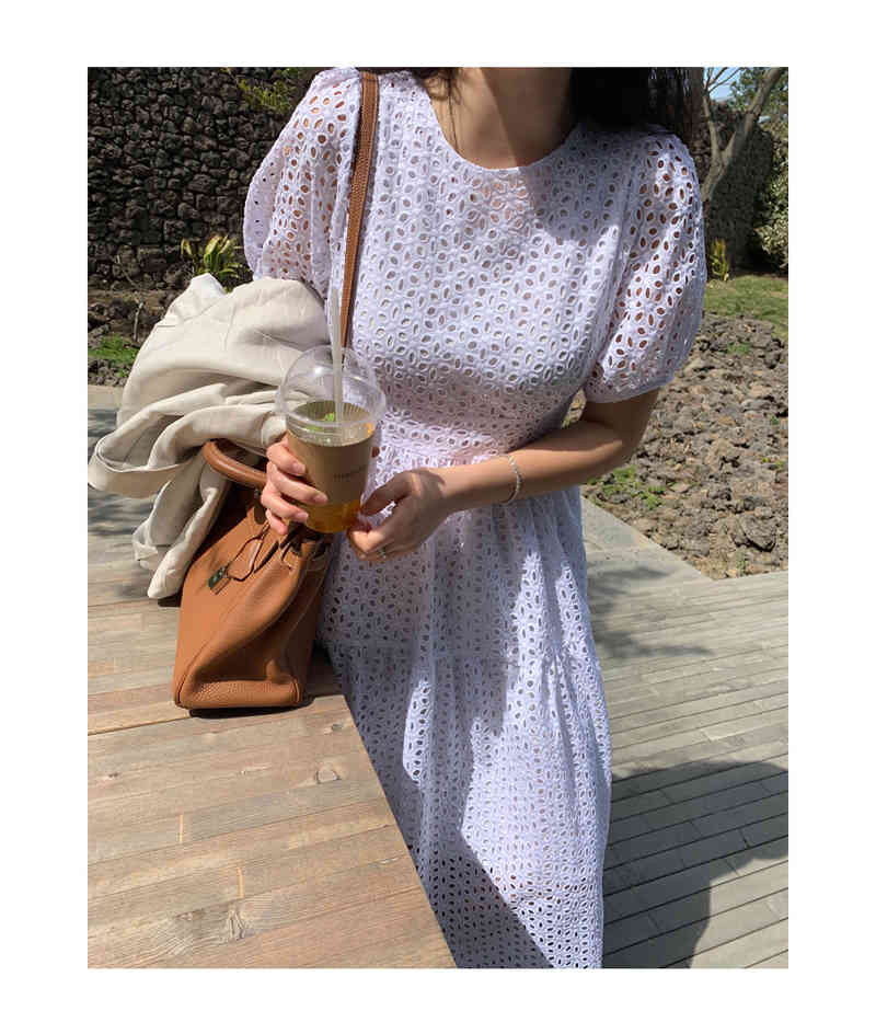 Women Summer Dress Fashion Elegant Short Sleeve White Hollow out O-Neck Casual Beach Midi Dresses Robe Vestidos 210519