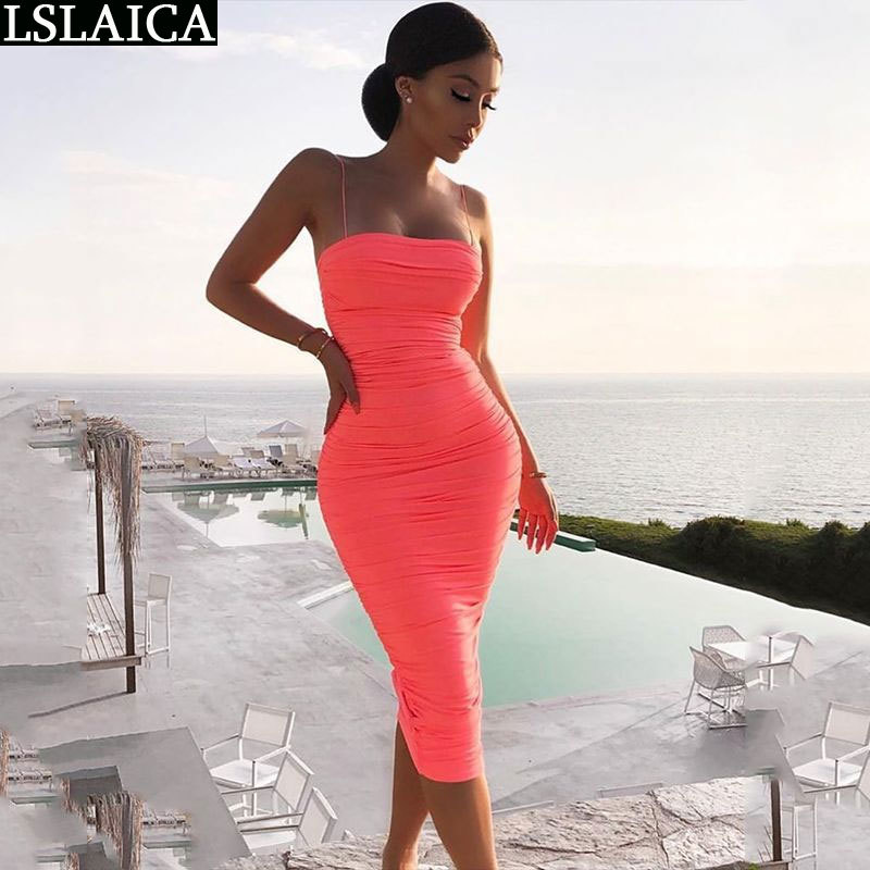 Fashion dress women high waist solid color Draped backless sexy spaghetti strap casual elegant wild party 210515