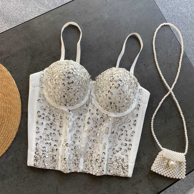 Women Fashion Sexy Bling Sparkle Sequin Beaded Camisole Dance Push Up Bustier Corset Bra Night Club Party Cropped Tops R074 210527