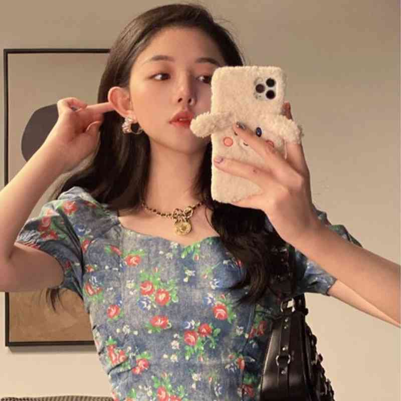 Blouse Women Floral Denim Shirts Square Neck Puff Short Sleeve Fashion Clothing Crop Tops Summer Sexy Casual Blusa Mujer Retro 210429