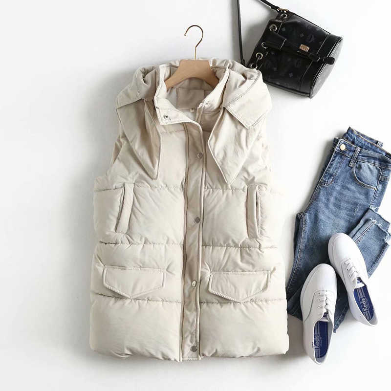 Casual Solid Color Women's Vest Cotton Hooded Thicken Down Coat Sleeveless Winter Vests For Women 210927